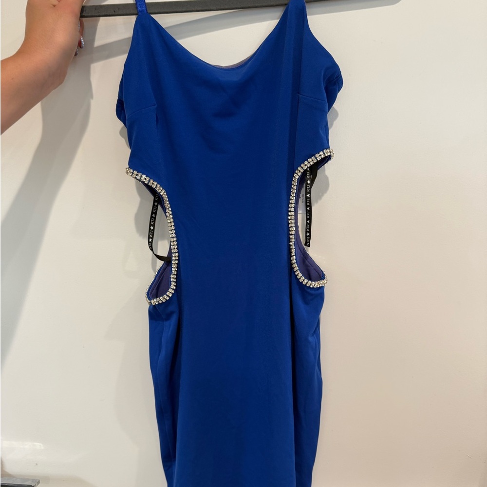 Katie J NYC Royal Blue Backless Dress with Rhinestone Trim